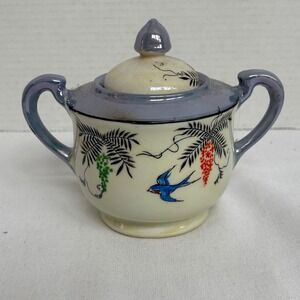Vintage Japanese Lusterware Sugar Bowl Blue Bird Wisteria Hand Painted Porcelain